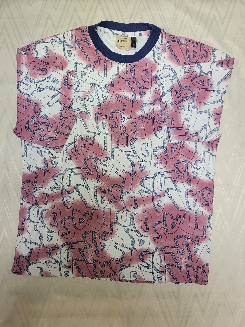 Burberry White Pink & Navy All-Over Logo Tee
